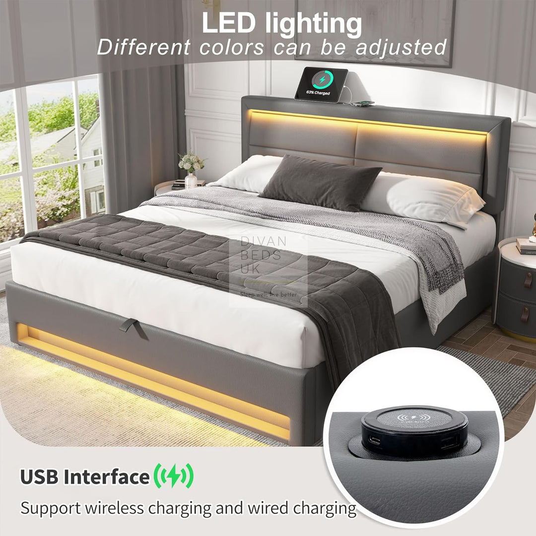 Iris Grey Leather Smart Ottoman Bed with LED Lighting, Type C, USB and Wireless Charging