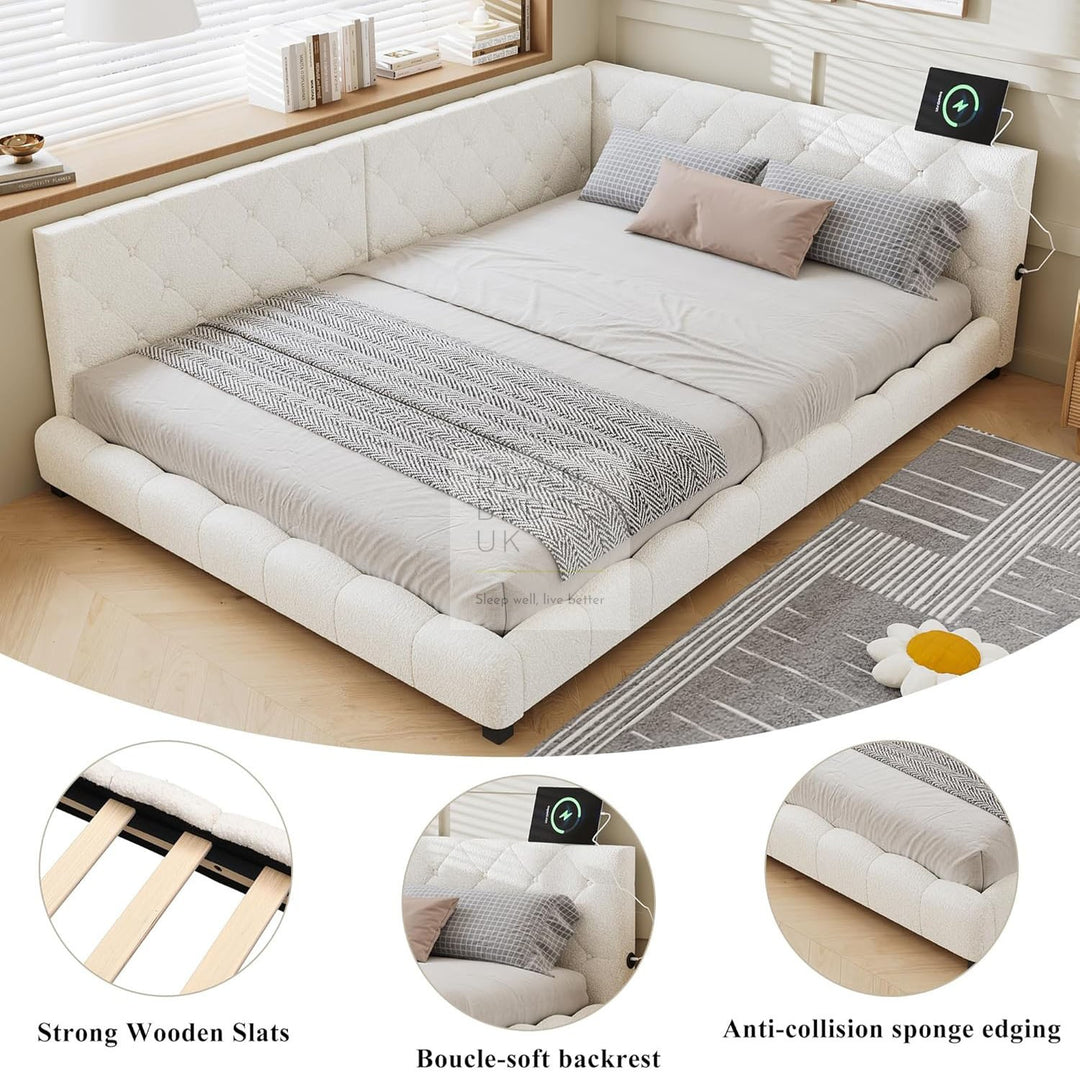 Imani Soft Boucle Beige Fabric Low Smart Sofa Bed with USB & Type C Charging Station