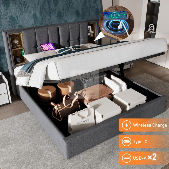 Guevara Grey Linen Ottoman Storage Bed with Type C, USB & Wireless Charging Headboard Shelves