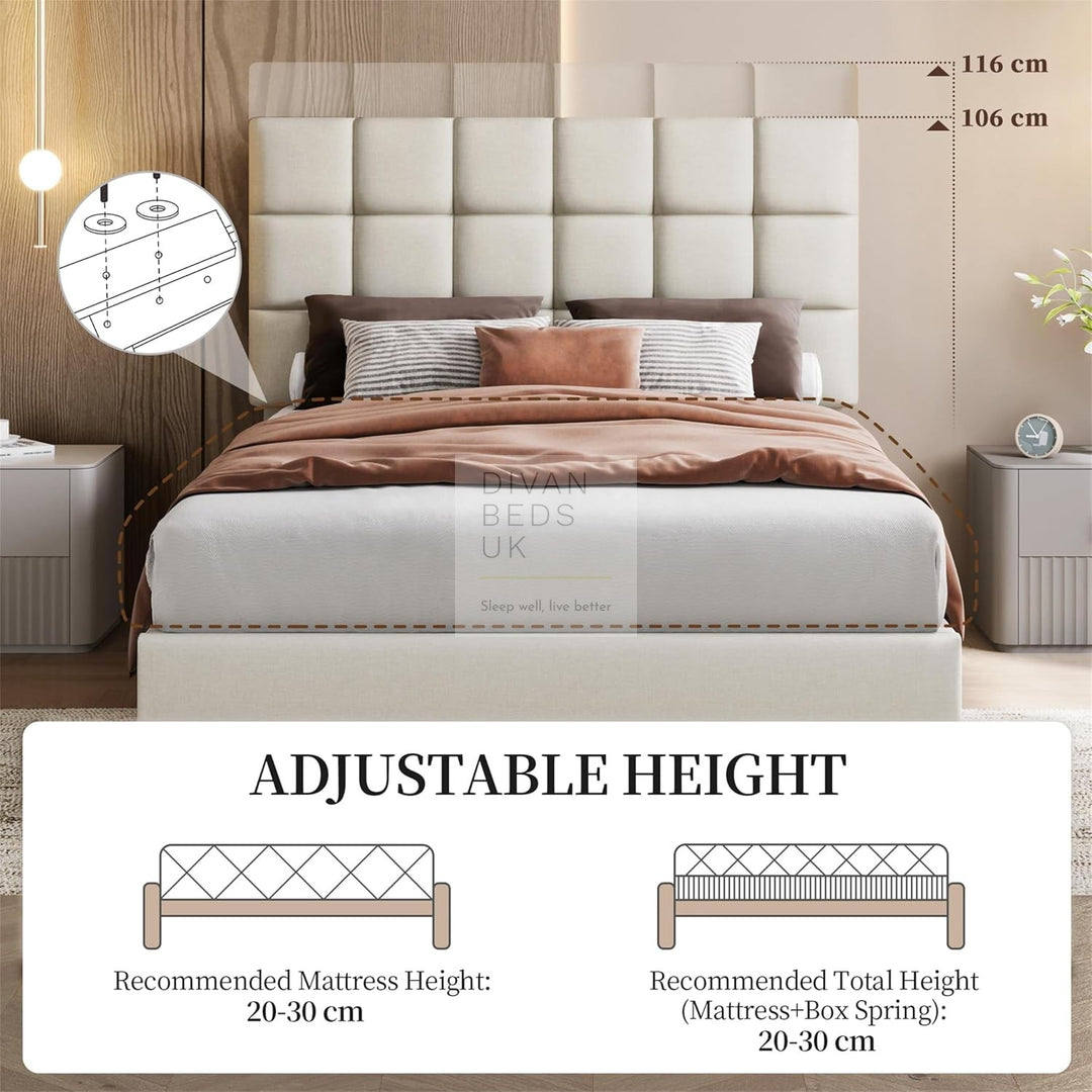 Armando Beige Linen Fabric Upholstered Bed with Adjustable Headboard
