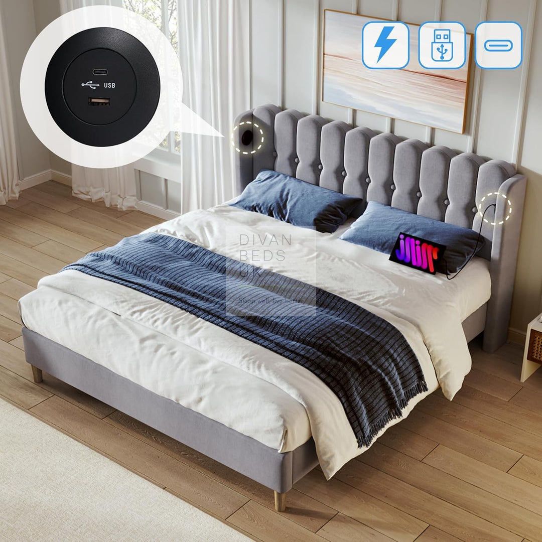 Calabria Wingback Grey Linen Smart Bed with USB & Type-C Charging Stations on Both Sides
