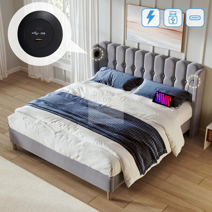 Calabria Wingback Grey Linen Smart Bed with USB & Type-C Charging Stations on Both Sides