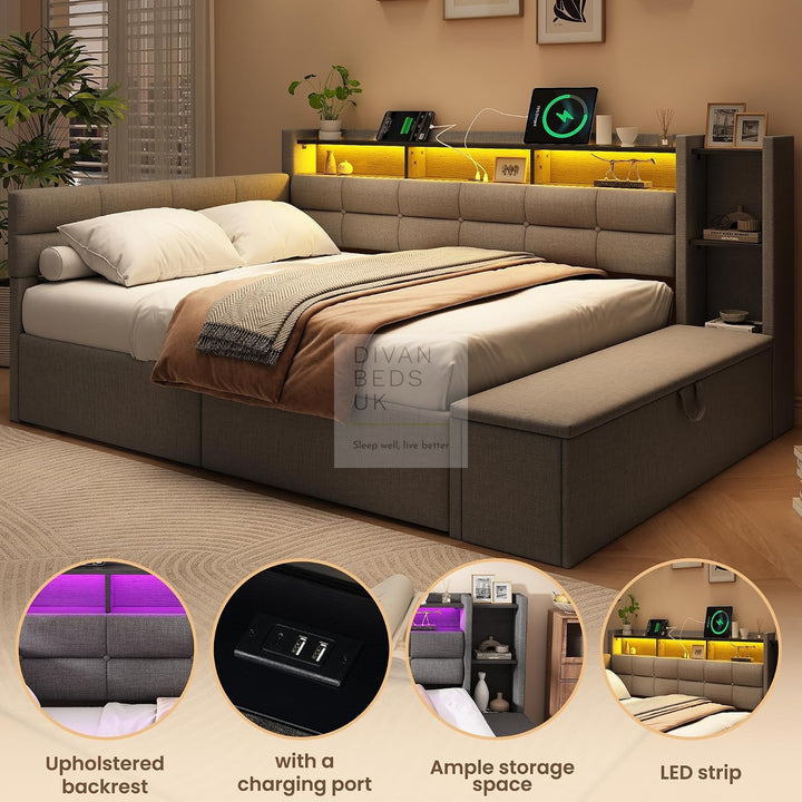 Avayah Grey Linen Smart Daybed Sofa Bed with 2 Drawers, LED Shelves Storage, USB &amp; Type C Charging Station &amp; Storage Box