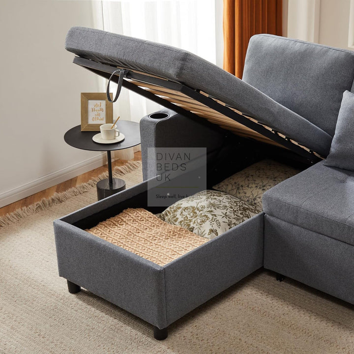 Downtown Grey Linen 4 Seater Ottoman Storage Corner Sofa Bed with Trundle