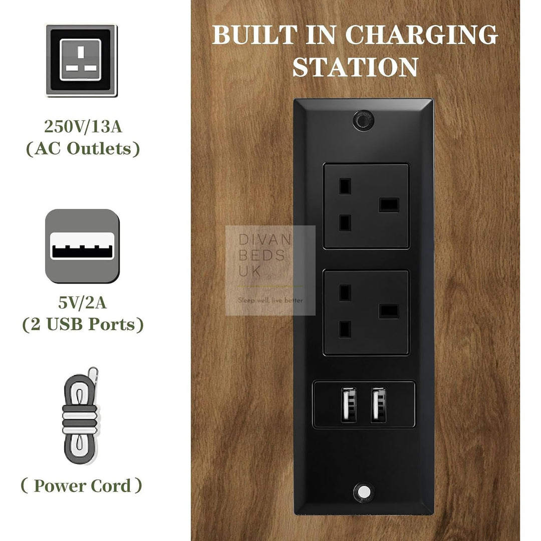 Aubriella Rustic Oak Style Wooden Smart Bed with 4 Drawers, Power Outlets and USB Ports & Shelves