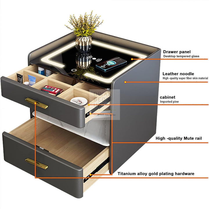 Angora Grey 2 Drawer Smart LED Bedside Table with Wireless Charging