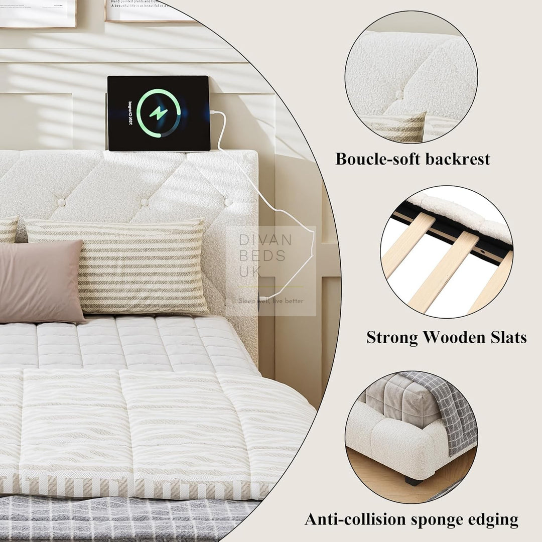 Imani Kids Soft Boucle Beige Fabric Low Smart Sofa Bed with USB & Type C Charging Station