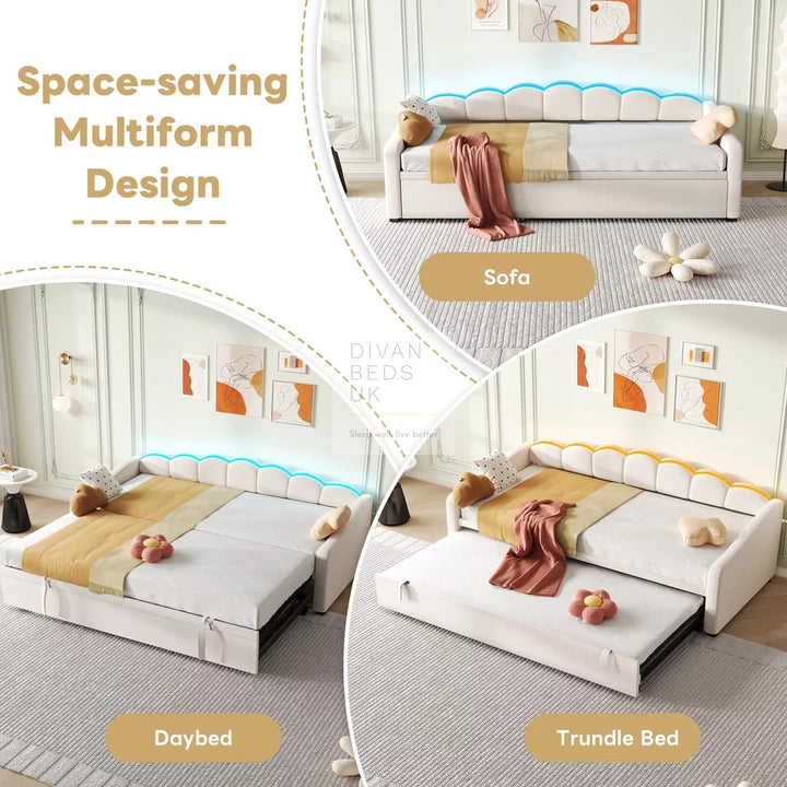 Elina Beige Plush Velvet Trundle Guest Sofa Bed with LED Lighting