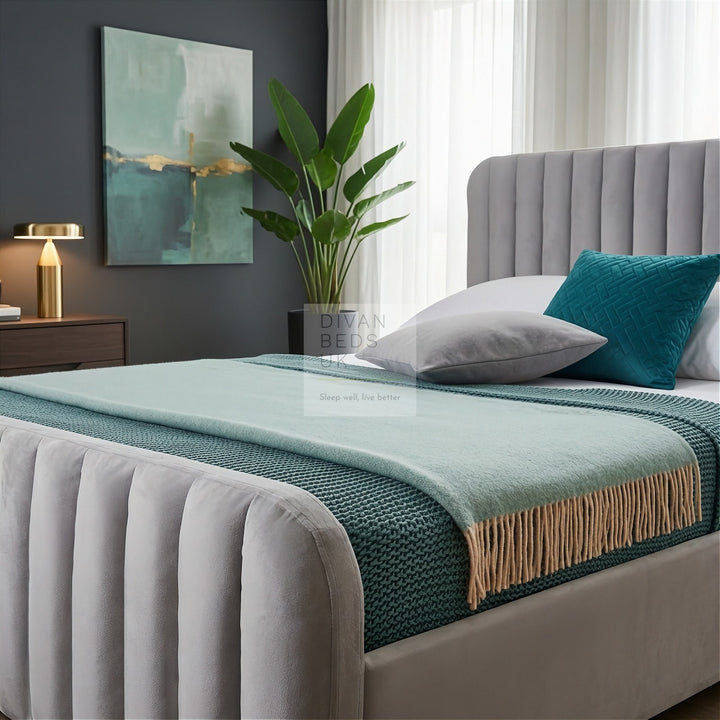 Stripe Plus Alexis Light Grey Velvet Ottoman Storage Bed Frame