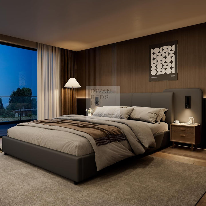 Monteleone Oversized Headboard Grey Leather Bed Frame with Integrated Lighting & USB Charging