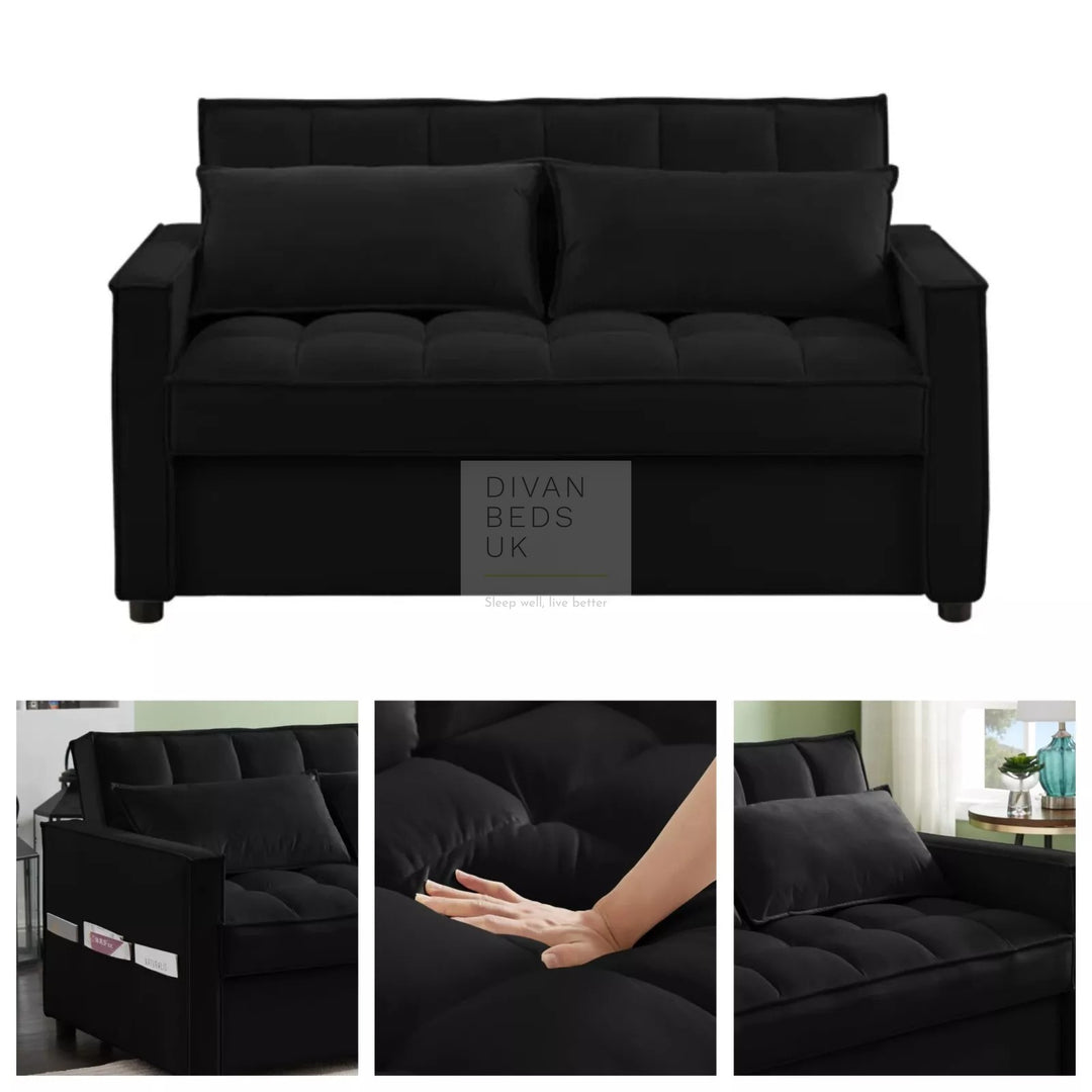 Bolzano Black Plush Velvet 2 in 1 Convertible 2 Seater Daybed Sofa Bed Couch