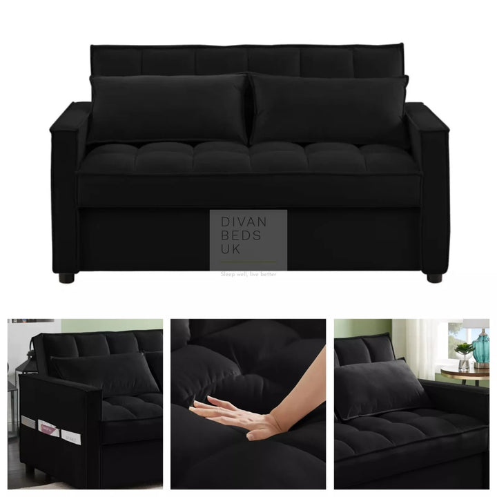 Bolzano Black Plush Velvet 2 in 1 Convertible 2 Seater Daybed Sofa Bed Couch