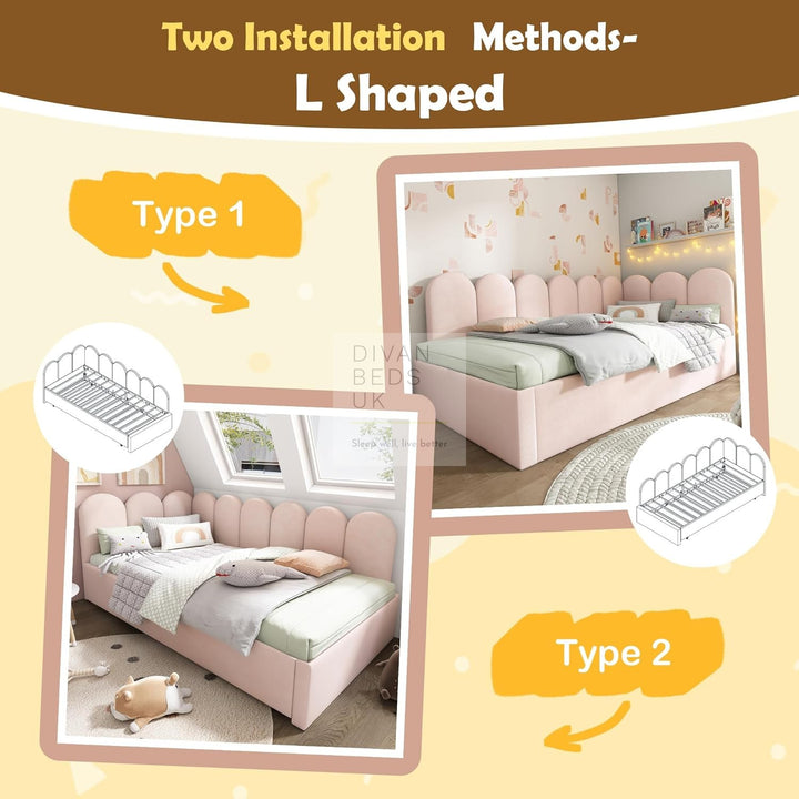 Novara Pink Plush Velvet Convertible Corner 2 Seater Daybed Sofa Bed Couch with Trundle