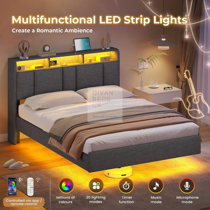 Everleigh Grey Linen Floating Bed Frame with Padded Storage Wing Headboard, LED Lights, USB &amp; Type-C Charging Station