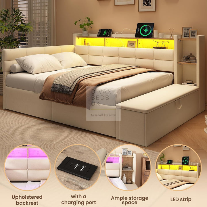 Avayah Beige Linen Smart Daybed Sofa Bed with 2 Drawers, LED Shelves Storage, USB &amp; Type C Charging Station &amp; Storage Box