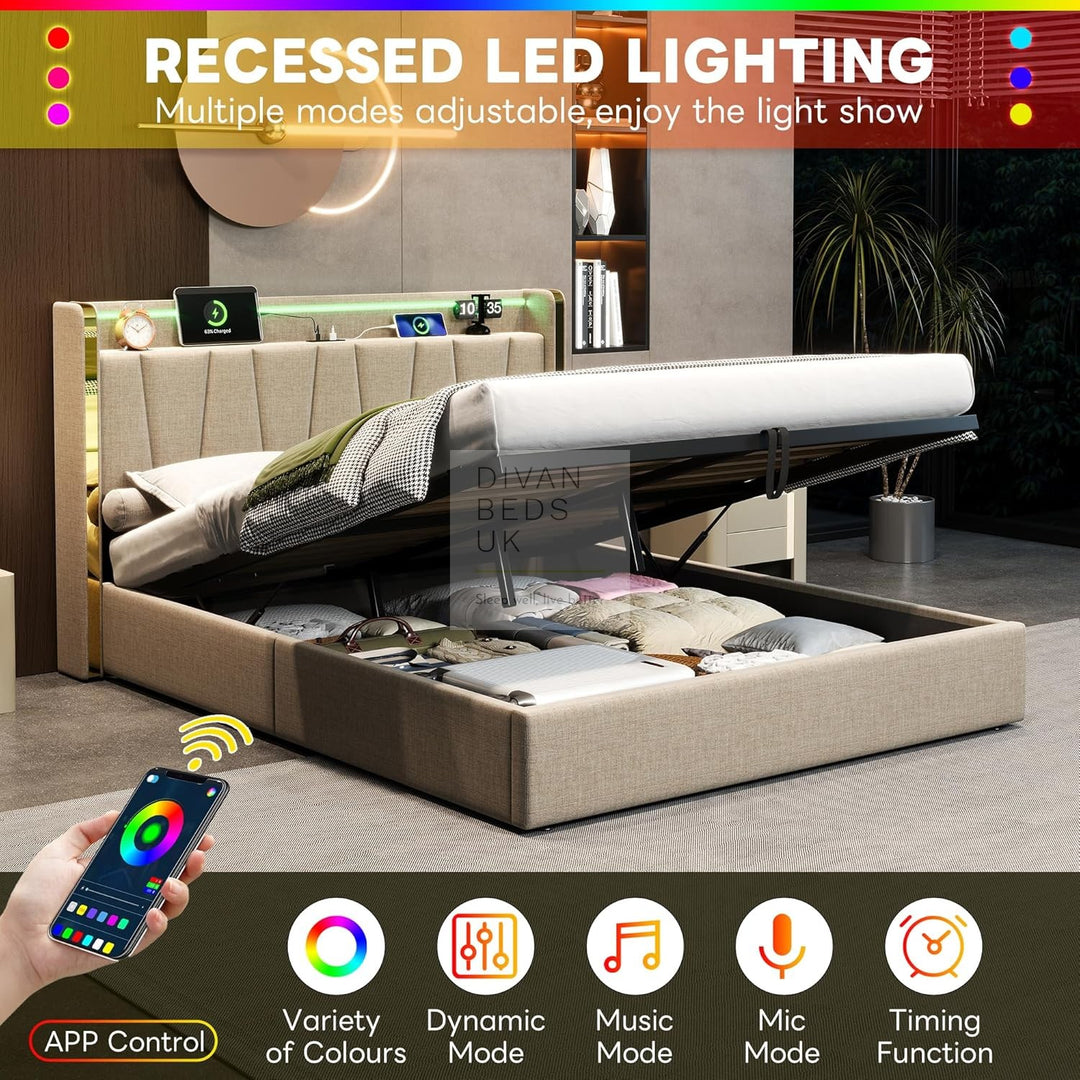 Florence Beige Linen Smart Ottoman Bed with LED Gold Headboard Shelf, Type C and USB Charging Station