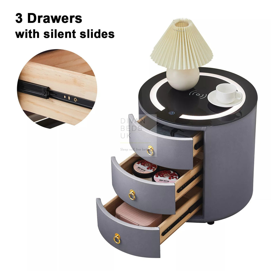 Adrastea Round 3 Drawer Grey Leather Smart LED Bedside Table with Wireless Charging