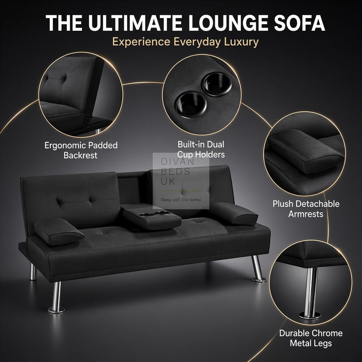 Francesca Black Cotton Sofa Bed with Cup Holders