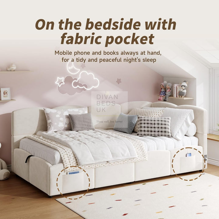 Amaia Beige Plush Velvet Smart Ottoman Storage Daybed Sofa Bed Couch with Charging Station, USB & Type C Ports