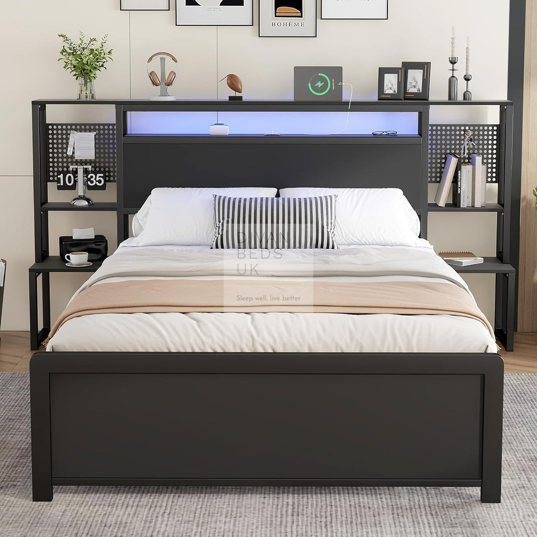 Zentiva LED Black Smart Bed with Integrated Bedside Tables, Charging Station with USB and Type C