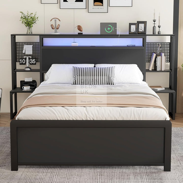 Zentiva LED Black Smart Bed with Integrated Bedside Tables, Charging Station with USB and Type C