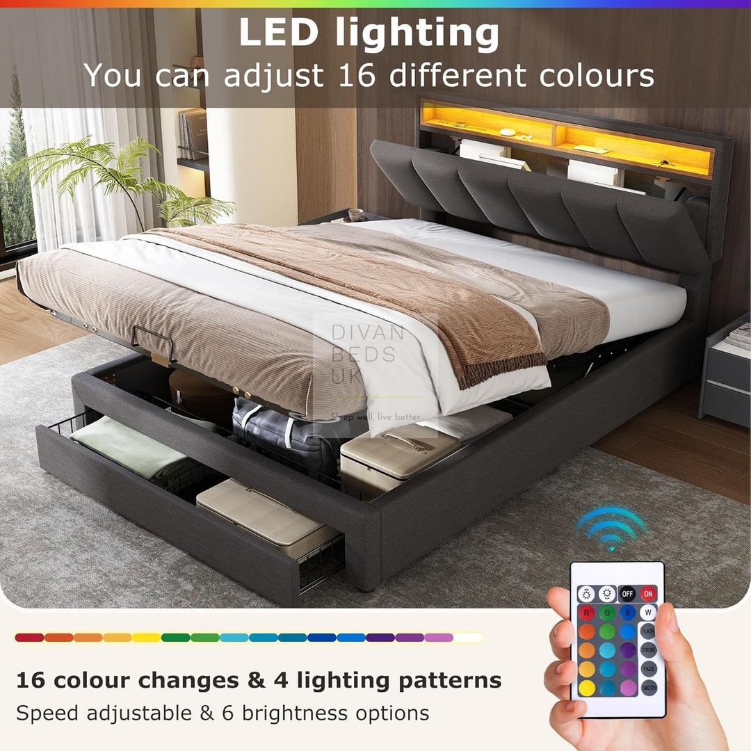 Aarya Charcoal Grey Linen 2 in 1 Drawer Ottoman Storage Bed with LED Lights &amp; Headboard Shelf