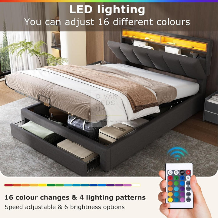 Aarya Charcoal Grey Linen 2 in 1 Drawer Ottoman Storage Bed with LED Lights &amp; Headboard Shelf