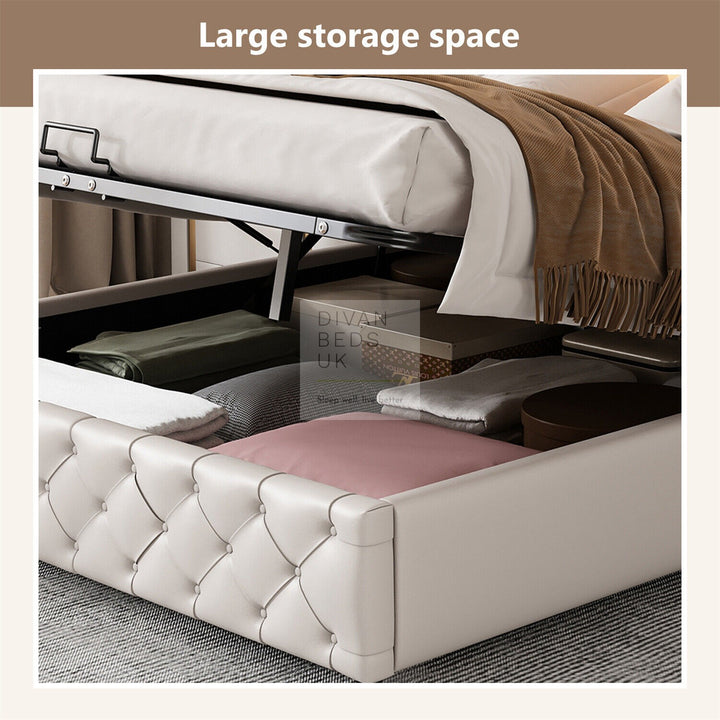Santiago LED White Leather Ottoman Storage Bed