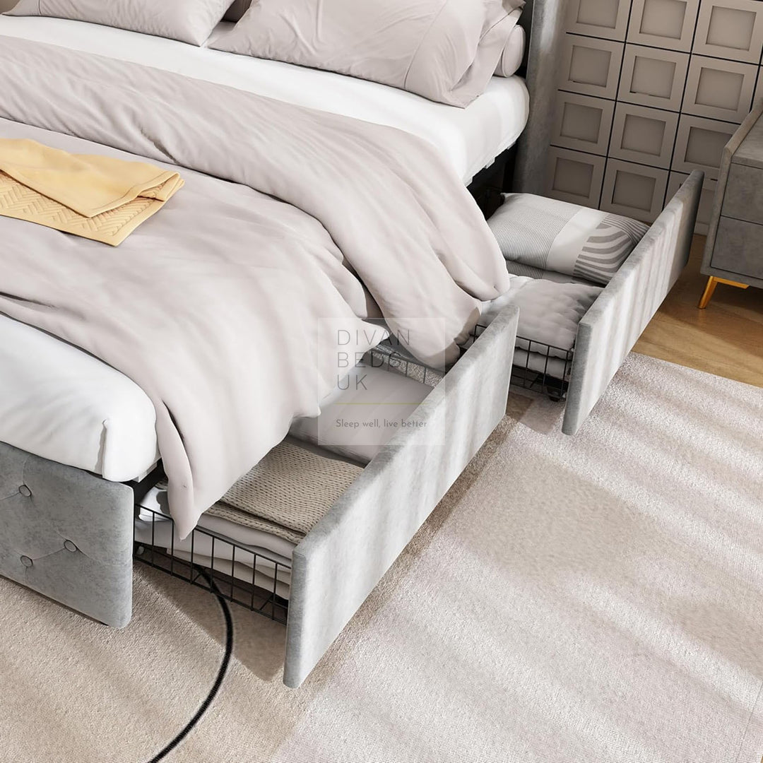 Kendra Grey Velvet Smart Wingback Bed with 4 Drawer Storage with Charging Station USB / Type C & Lamp on Headboard Storage Shelf