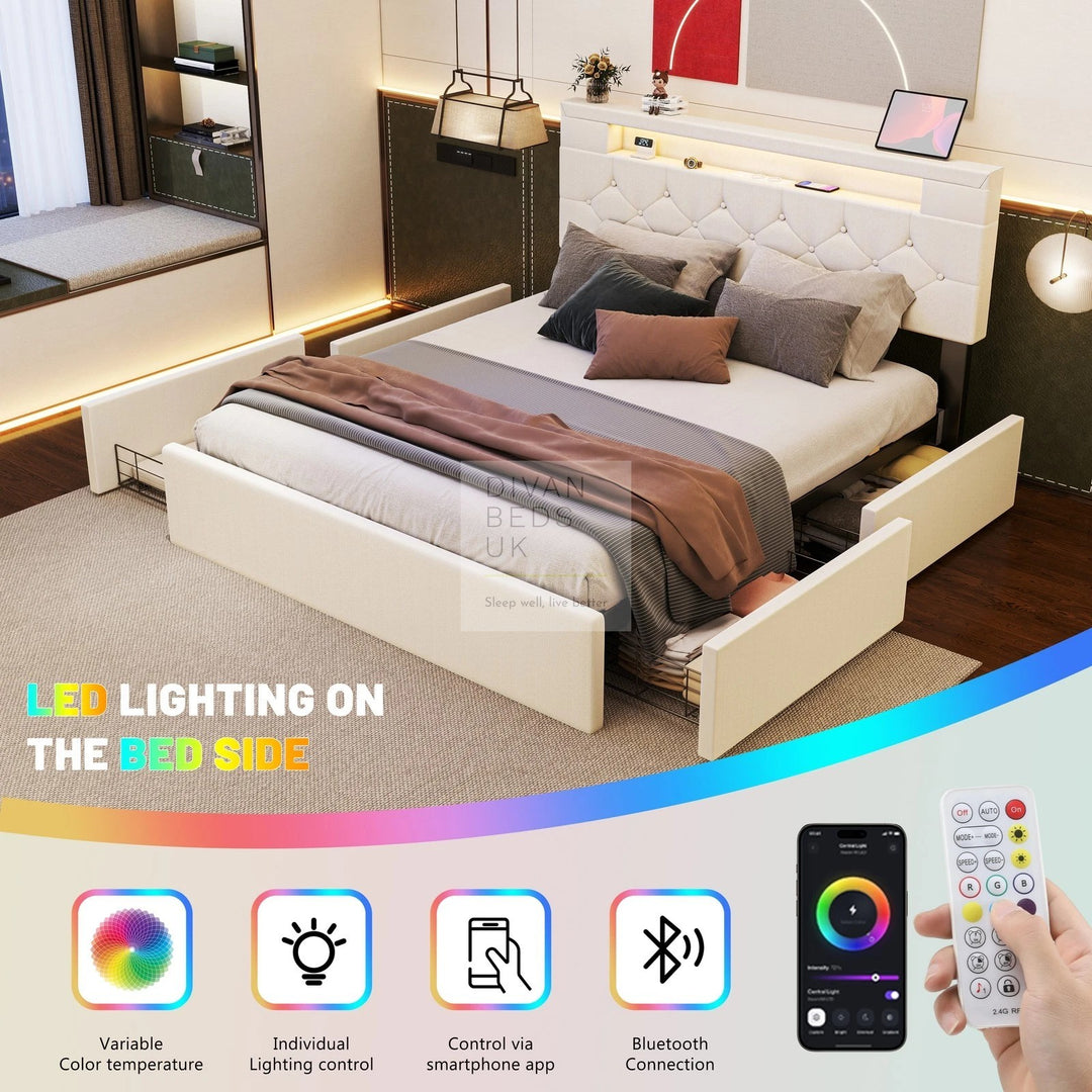 Harmon Beige Linen Smart Bed with 4 Drawer Storage, LED and Charging Station AC Socket, USB, Type C on Headboard Storage Shelf