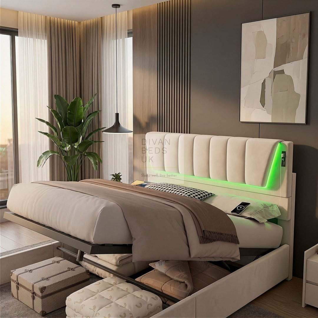 Kamari Ottoman Storage Beige Plush Velvet Smart Bed with with LED Lights, USB and Type-C Charging