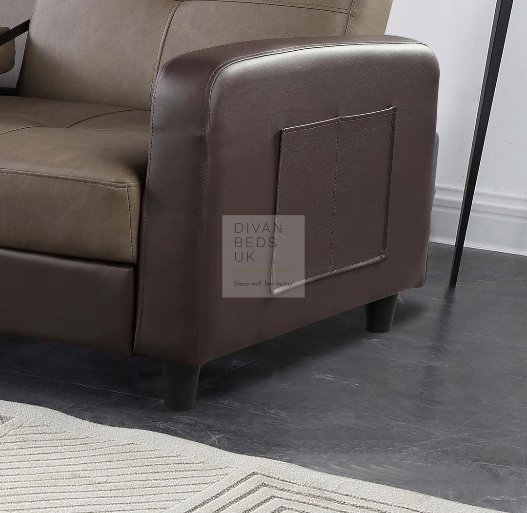 Salazar Ash Grey Brown Leather 3 Seater Sofa Bed with Cup Holders, Armrest and Side Storage Pockets