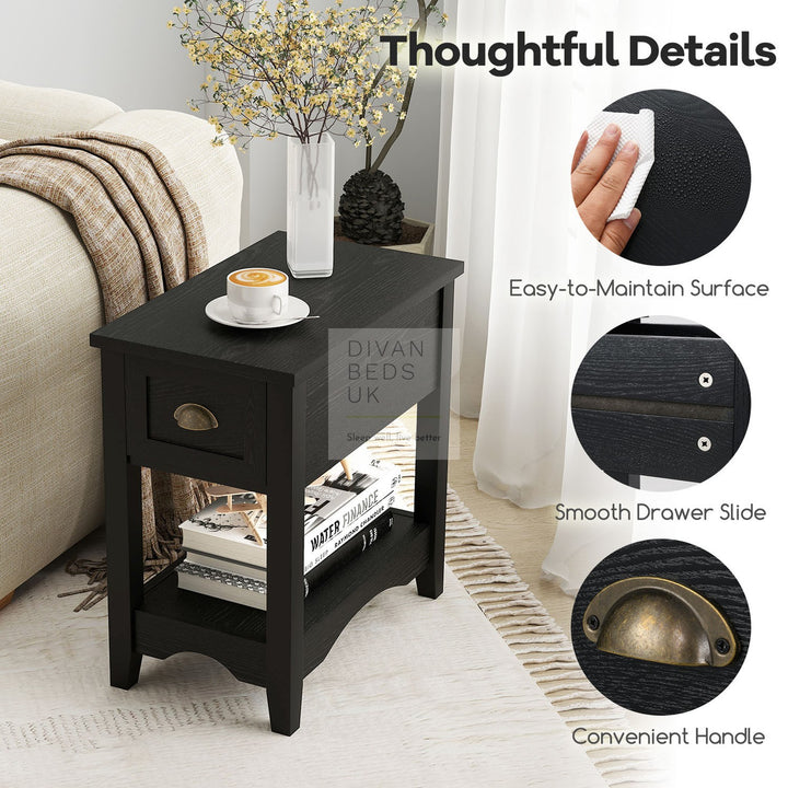 Reginald Black 1 Drawer Compact Bedside Table with Shelf