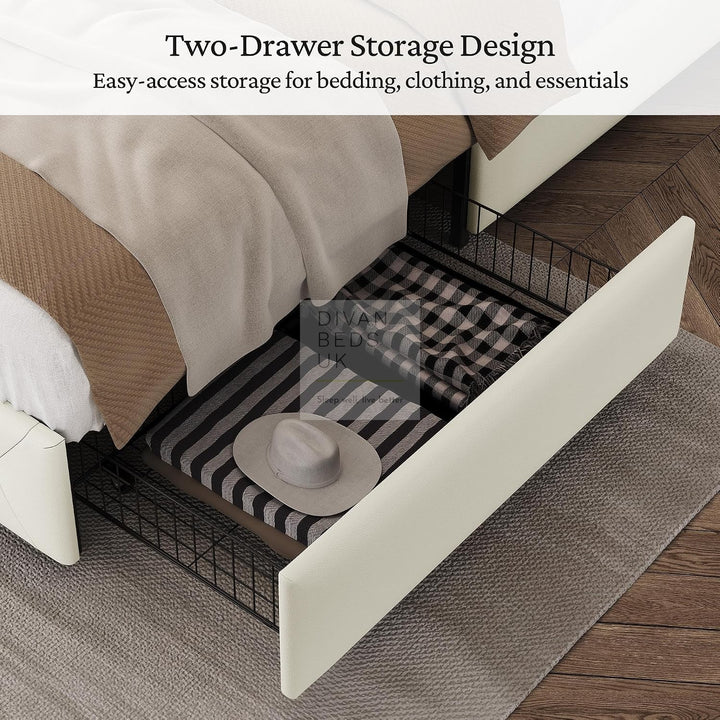 Emma Cream Leather 2 Drawer Buttoned Bed Frame