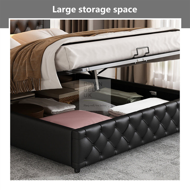 Santiago LED Black Leather Ottoman Storage Bed