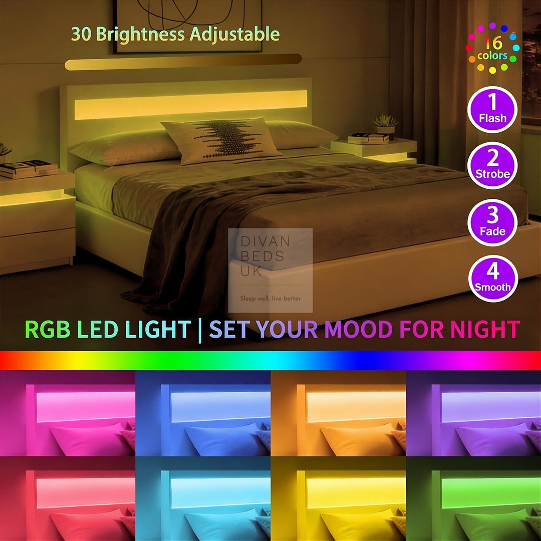 Zena LED White Leather Ottoman Gas Lift Storage Smart Bed
