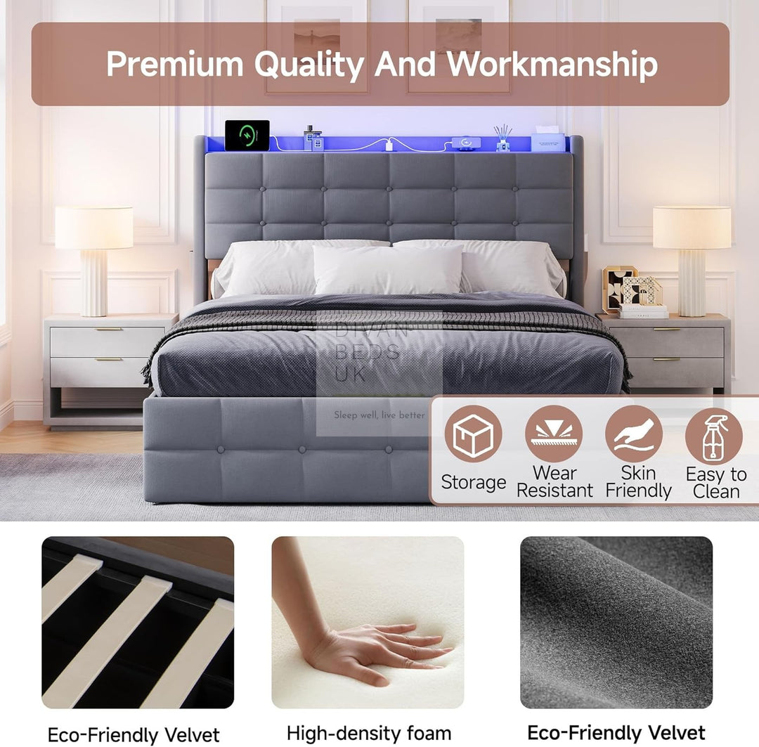 Vicente 4 Drawer Soft Grey Velvet Smart Bed with LED Lights, Type C and USB Charging Adjustable Headboard Shelf
