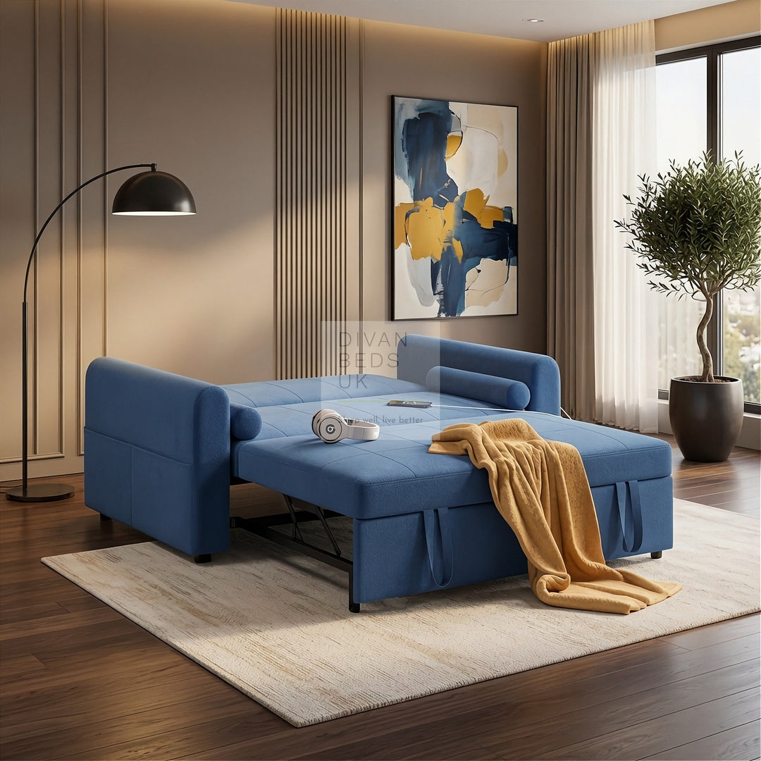 Kimora Blue Linen Smart Daybed Sofa Bed with USB & Type C Charging and Matching Pillows