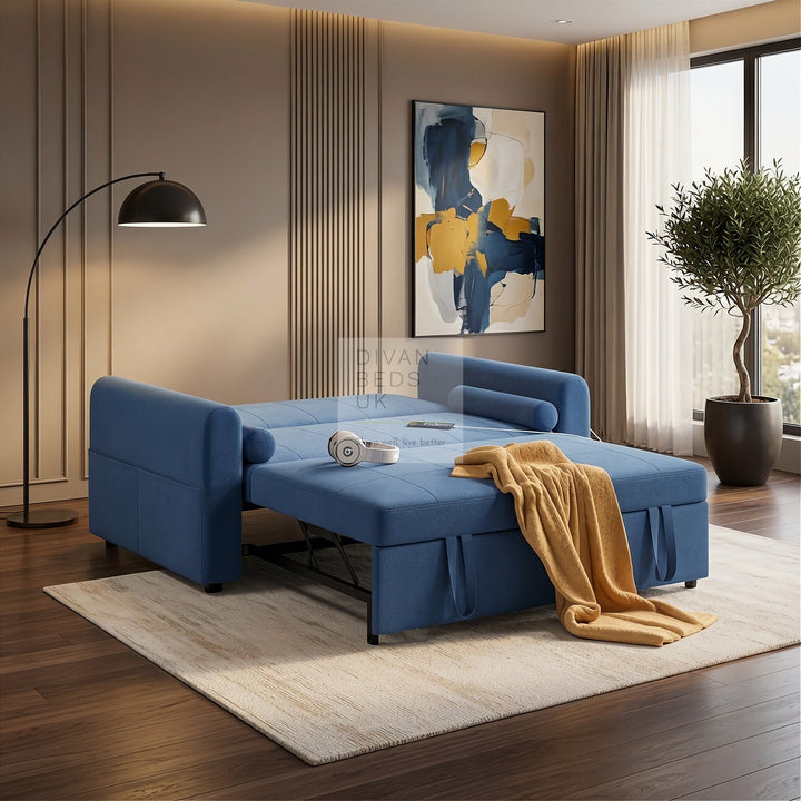 Kimora Blue Linen Smart Daybed Sofa Bed with USB & Type C Charging and Matching Pillows