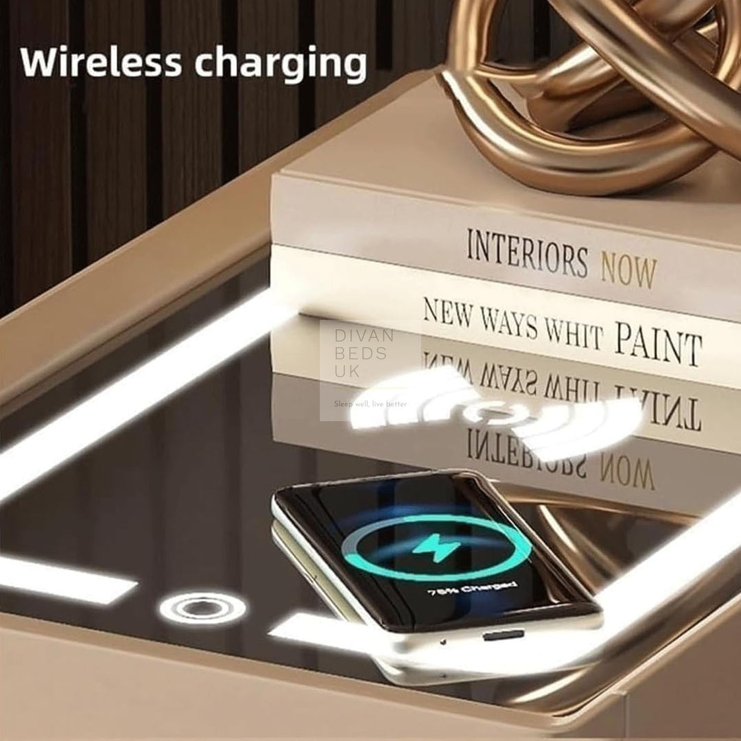 Lozano Biege 2 Drawer Smart Bedside Table with Wireless Charging, LED and Password Protected Storage (Pre-Assembled)