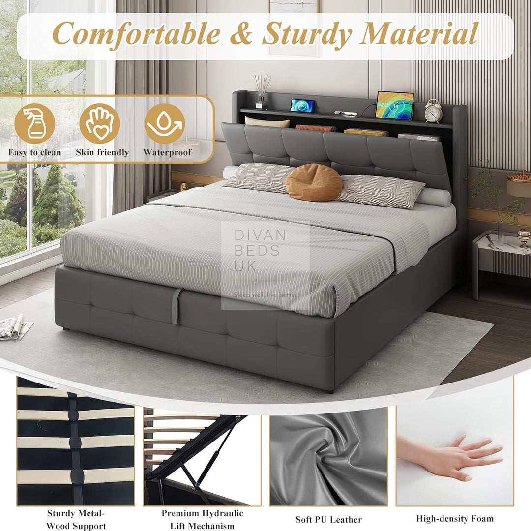 Serafina Grey Leather Ottoman Smart Bed with LED Headboard Storage Charging Station, USB, Type-C Ports