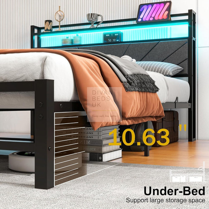 Cesena Grey Linen Smart Metal Bed with Storage LED Headboard, Shelves, Power Outlet, USB Charging & Optional Drawers