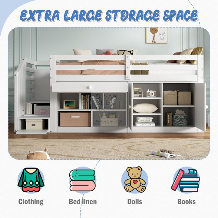 Vicenza Wooden Mid Sleeper Cabin Bunk Kids Bed with Integrated Desk, 2 Drawers, Ladder and Stair Access
