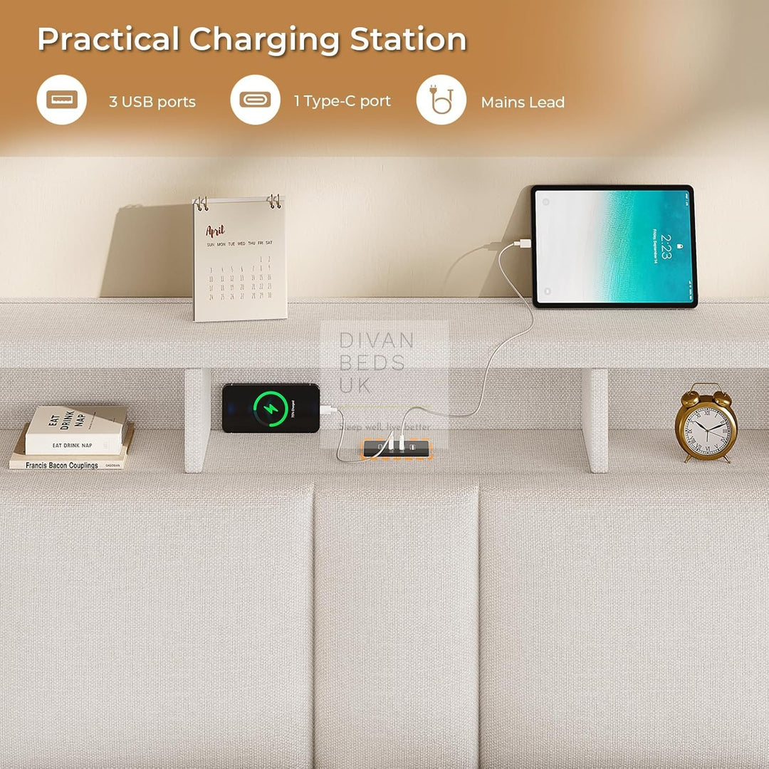 Castellano Beige Linen Ottoman Storage Bed with LED Lights, Type C and USB Charging Headboard Storage Shelf