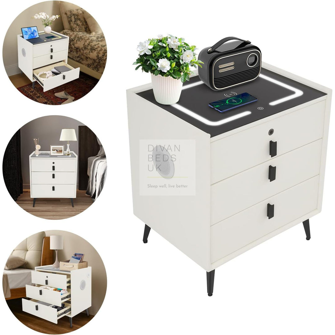 Elara White 3 Drawer Smart LED Bedside Table with Bluetooth Speakers, Fingerprint Lock, USB, Type C and Wireless Charging