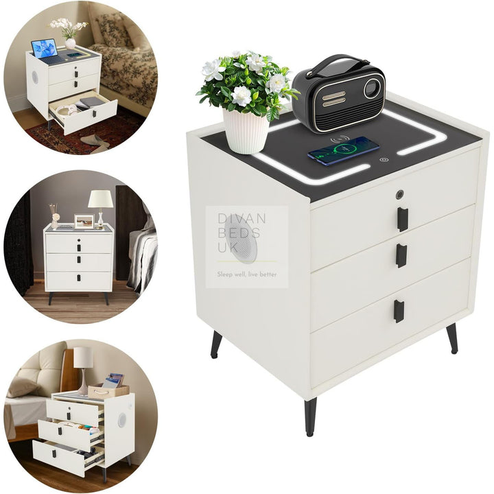 Elara White 3 Drawer Smart LED Bedside Table with Bluetooth Speakers, Fingerprint Lock, USB, Type C and Wireless Charging