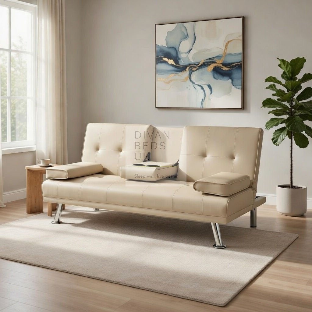 Cadence Cream Leather 2 Seater Sofa Bed with Cup Holders and Matching Pillows