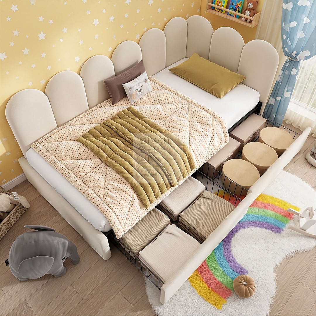 Novara Beige Plush Velvet 2 Drawer Corner 2 Seater Daybed Sofa Bed Couch