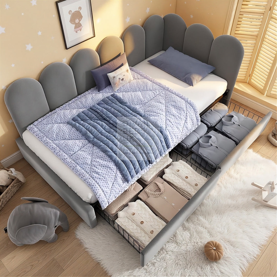 Novara Grey Plush Velvet 2 Drawer Corner 2 Seater Daybed Sofa Bed Couch