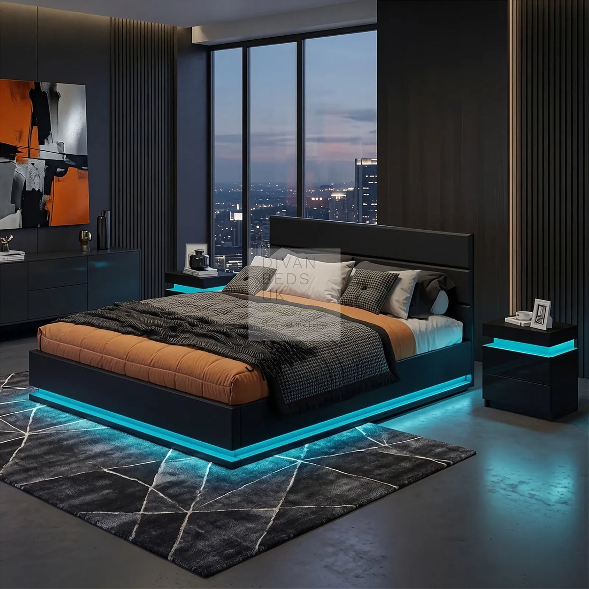 Zena LED Black Leather Ottoman Gas Lift Storage Smart Bed